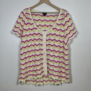 Torrid  Womens Pointelle Pullover Sweater 3 Pink Yellow Flutter Sleeve Crochet